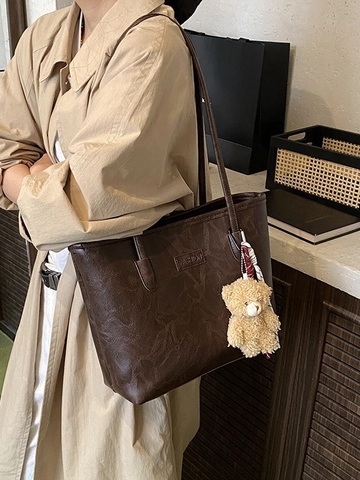 Women Retro Tote Bag PU Leather Solid Color Vintage Commuter Shoulder Bag With Bear Charm