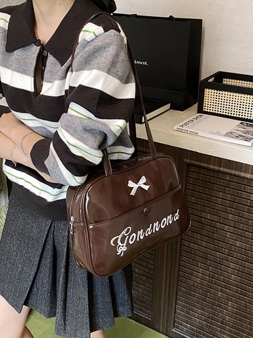 Dames Glanzende PU Leren Tote Tas Zoete Strik Borduren Verstelbare Rugzak Schoudertas Vintage Japanse Preppy Handtas