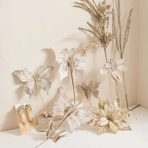 Varillas Florales Decorativas De Navidad Champán Dorado Purpurina Mariposa Pájaro Flor Artificial Adornos Árbol Relleno Jarrón