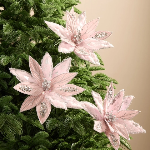 Pink Christmas Flower Artificial Poinsettia With Glitter Sequins Mesh For Christmas Tree Decoration Korean Style Home Holiday Party Ornament