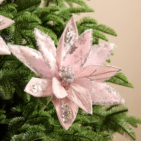 Pink Christmas Flower Artificial Poinsettia With Glitter Sequins Mesh For Christmas Tree Decoration Korean Style Home Holiday Party Ornament