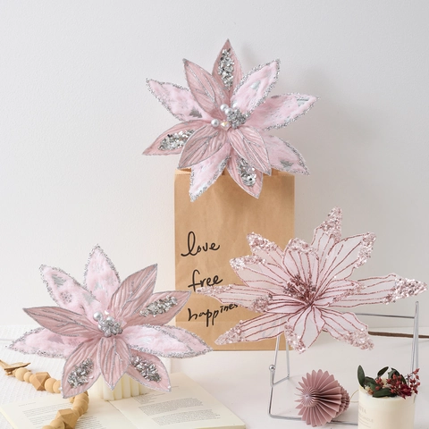 Elegant Pink Simulation Christmas Poinsettia Flower Glitter Mesh Petals With Stem For Christmas Tree Decoration Wedding Party Ornament