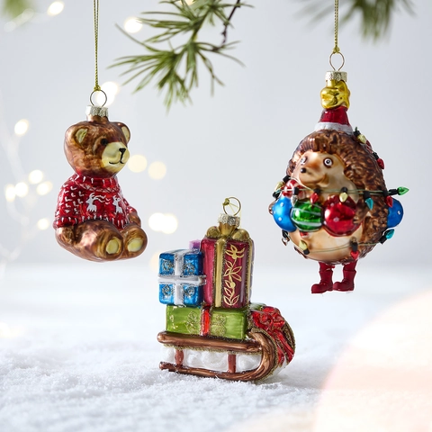 Hand Painted Glass Christmas Ornaments Santa Nutcracker Bear Sleigh Hedgehog Tree Hanging Decoration For Home Holiday Party Xmas Decor