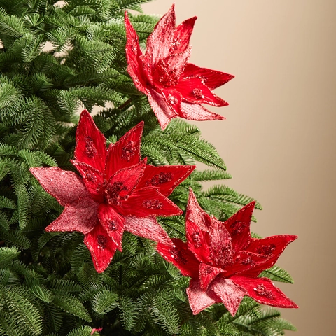 Large Artificial Poinsettia Christmas Flowers Glitter Sequin Velvet Cloth Long Stem Festive Tree Decor Scene Arrangement