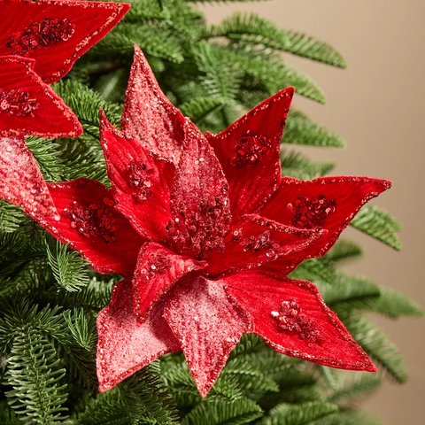 Large Artificial Poinsettia Christmas Flowers Glitter Sequin Velvet Cloth Long Stem Festive Tree Decor Scene Arrangement