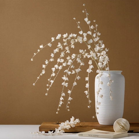 Artificial Christmas Flower Branch Faux Artificial Pearl Acrylic Petal Iron Floral Pick For Wedding Party Home Decor Elegant White Gold