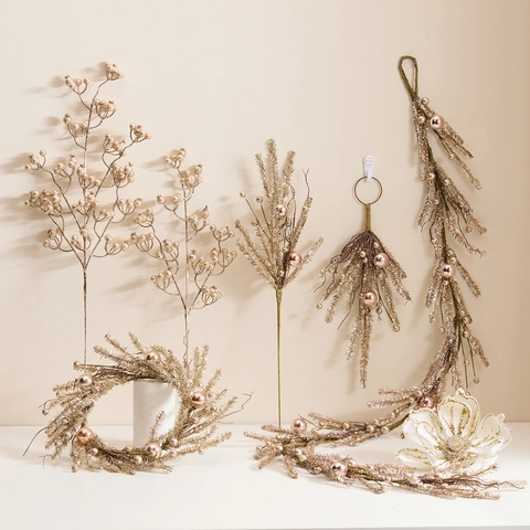 Champagne Gold Christmas Decoration Glitter Berry Branches Artificial Pine Needle Wreath Garland Swag Holiday Party Home Decor
