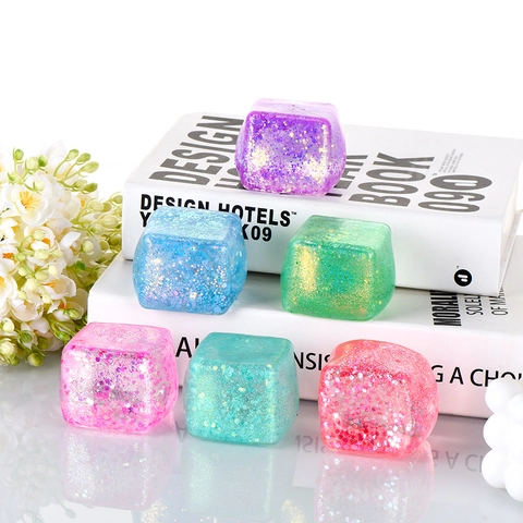 Glitter Ice Cube Squishy Toy TPR Slow Rebound Stress Relief Sensory Decompression Ball Translucent Colorful Novelty Desk Toy