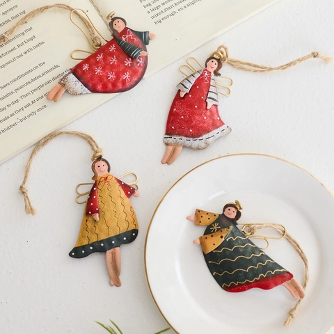 Vintage Christmas Angel Ornaments Hand Painted Tinplate Metal Hanging Angel Figurines With Twine For Holiday Tree Decoration