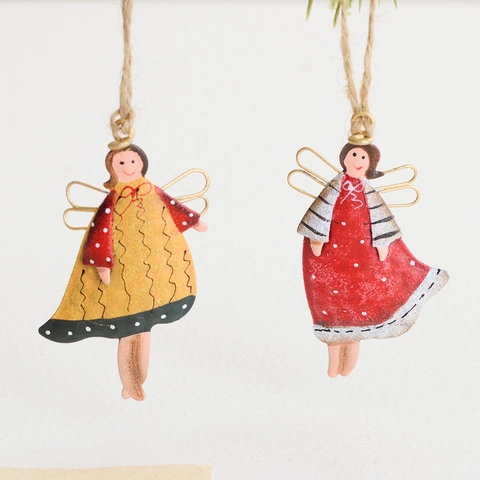 Vintage Christmas Angel Ornaments Hand Painted Tinplate Metal Hanging Angel Figurines With Twine For Holiday Tree Decoration