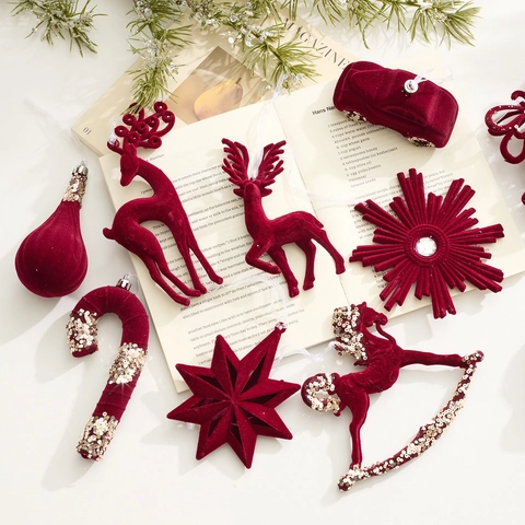Christmas Tree Hanging Ornaments Flocked Plastic Velvet Burgundy Red Glitter Xmas Decor Vintage Style Festive Party