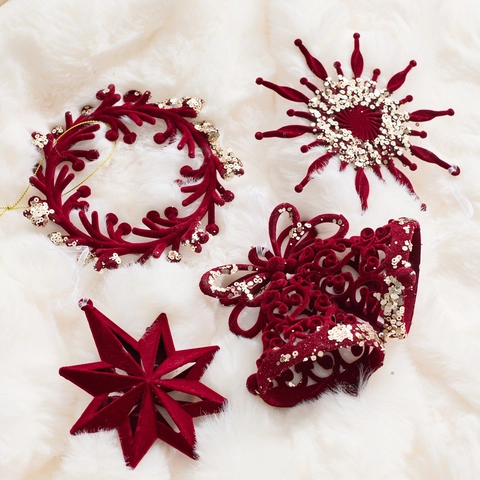 Christmas Tree Hanging Ornaments Flocked Plastic Velvet Burgundy Red Glitter Xmas Decor Vintage Style Festive Party