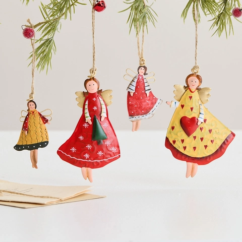 Vintage Painted Iron Christmas Angel Hanging Ornaments Metal Tree Decorations Holiday Home Decor With Jute Rope