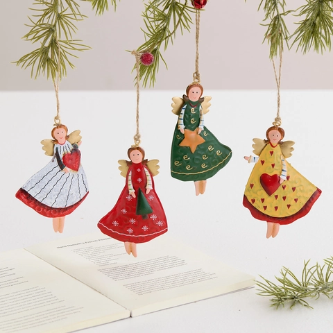 Vintage Painted Iron Christmas Angel Hanging Ornaments Metal Tree Decorations Holiday Home Decor With Jute Rope