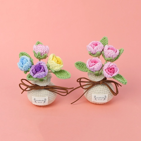 Handgefertigte Häkelrose Topfpflanze Gestrickte Kunstblume Für Schreibtisch Dekoration Zuhause Ornament Damen Geschenk