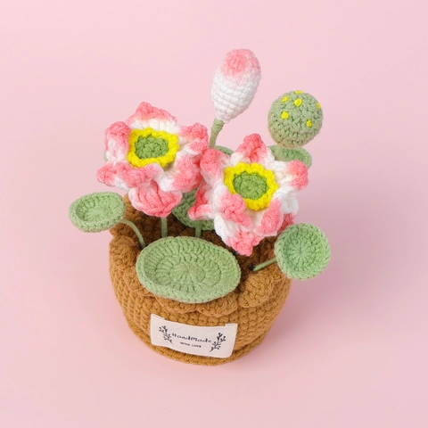 Planta De Loto De Ganchillo Hecha A Mano Flor Artificial Lana Miniatura Decoración Escritorio Ornamento Hogar Regalo