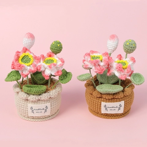 Planta De Loto De Ganchillo Hecha A Mano Flor Artificial Lana Miniatura Decoración Escritorio Ornamento Hogar Regalo
