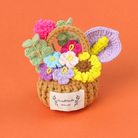 Handmade Crochet Mini Flower Basket Ornament Colorful Yarn Knitted Sunflower Calla Lily Desktop Decor Cute Gift
