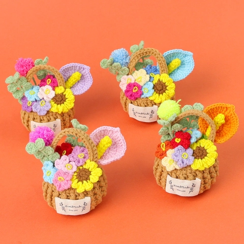Handmade Crochet Mini Flower Basket Ornament Colorful Yarn Knitted Sunflower Calla Lily Desktop Decor Cute Gift