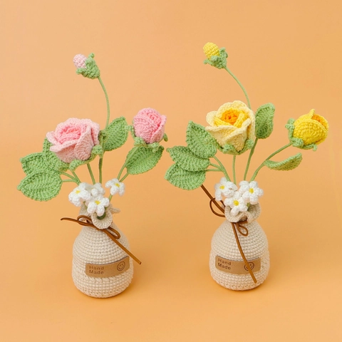 Adorno Floral de Rosa de Ganchillo Hecho a Mano En Jarrón de Punto Para Decoración del Hogar Regalo del Día de la Madre