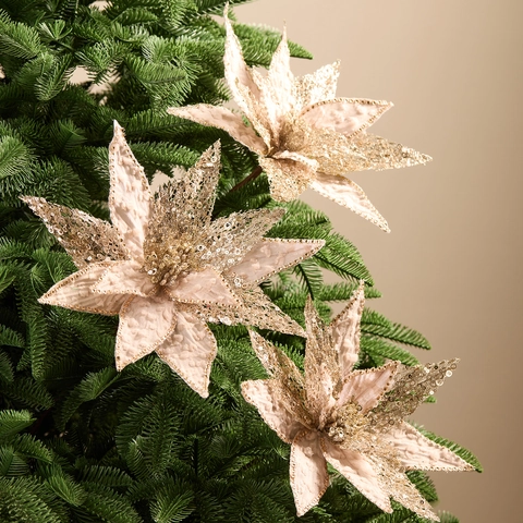 Artificial Poinsettia Christmas Flower Champagne Gold Sequin Glitter Fabric Mesh With Stem For Tree Decoration