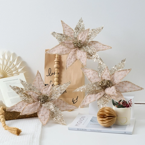 Artificial Poinsettia Christmas Flower Champagne Gold Sequin Glitter Fabric Mesh With Stem For Tree Decoration