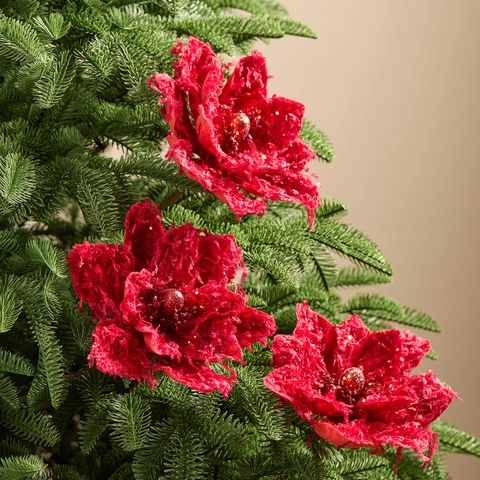 Burgundy Artificial Christmas Flowers With Glitter Sequins Velvet Fabric Magnolia Poinsettia For Holiday Party Decor
