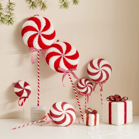 Decorazioni Natalizie a Lecca Lecca Rosse e Bianche Pendenti in Schiuma Glitterata Per Feste Casa Scatole Regalo