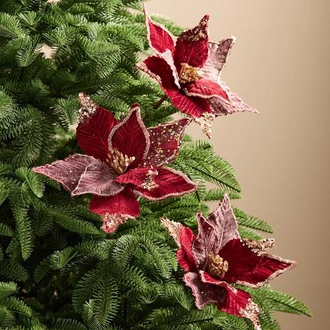 Christmas Artificial Poinsettia Flowers Velvet Gold Glitter Edges Wine Red Holiday Tree Ornaments Vase Filler Decor