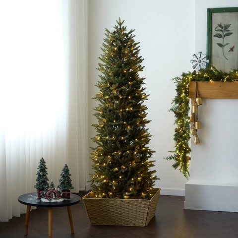 Beleuchteter Künstlicher Weihnachts Bleistiftbaum PE Schlanker Grüner Tannenbaum Mit Warmen Lichtern Für Zuhause Wohnzimmer Feiertag Party Dekoration