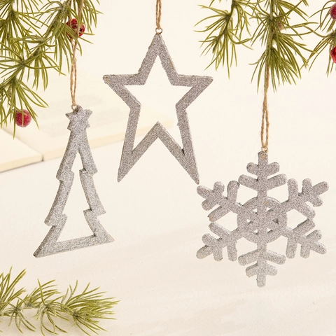Ornamenti Natalizi Appesi con Glitter Fiocco di Neve Angelo Stella Forma Albero di Natale PVC Decorazioni per Albero Oro Argento