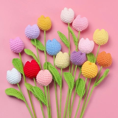 Handmade Crochet Tulip Artificial Flower Knitted Yarn Single Stem Tulip For Home Decor Mother Day Valentine Gift