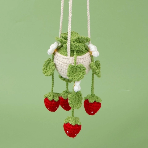 Handmade Crochet Strawberry Potted Plant Car Hanging Ornament Knit Floral Rearview Mirror Pendant Home Decor Aesthetic Gift