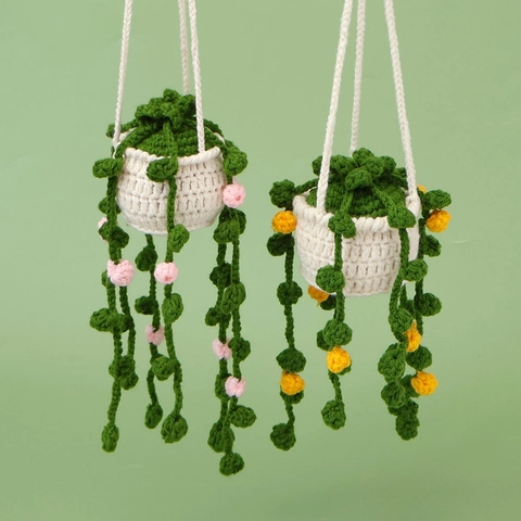 Handmade Crochet Strawberry Potted Plant Car Hanging Ornament Knit Floral Rearview Mirror Pendant Home Decor Aesthetic Gift