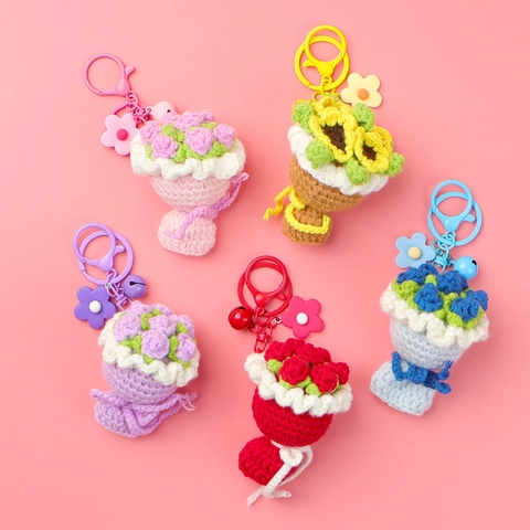 Porte-Clés Bouquet De Fleurs Au Crochet Fait Main Fil Tricoté Rose Tournesol Pendentif De Sac Cadeau Mignon Décoratif