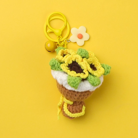 Porte-Clés Bouquet De Fleurs Au Crochet Fait Main Fil Tricoté Rose Tournesol Pendentif De Sac Cadeau Mignon Décoratif