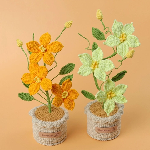 Handmade Crochet Clematis Potted Flower Ornament Milk Cotton Wool Woven Potted Plant For Home Office Desk Decor Gift
