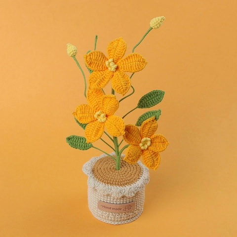 Handmade Crochet Clematis Potted Flower Ornament Milk Cotton Wool Woven Potted Plant For Home Office Desk Decor Gift