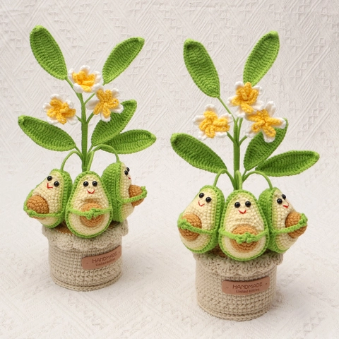 Ornamento per Pianta in Vaso di Avocado all'Uncinetto Fatto a Mano Simpatico Fiore Simualtion Lavorato a Maglia Arredo Casa Ufficio