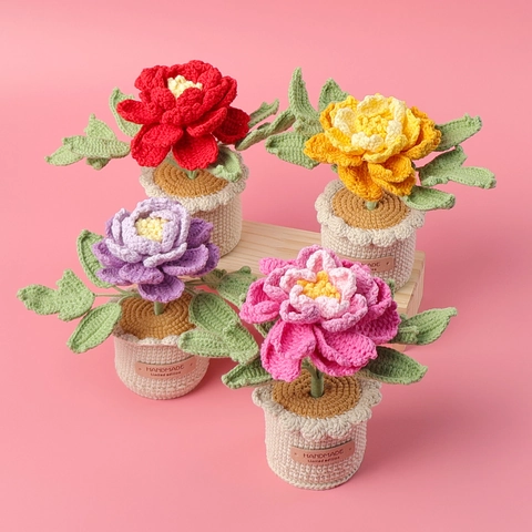 Handmade Crochet Potted Flower Peony Woolen Yarn Knitted Artificial Plant Bonsai Ornament Home Office Desk Decor