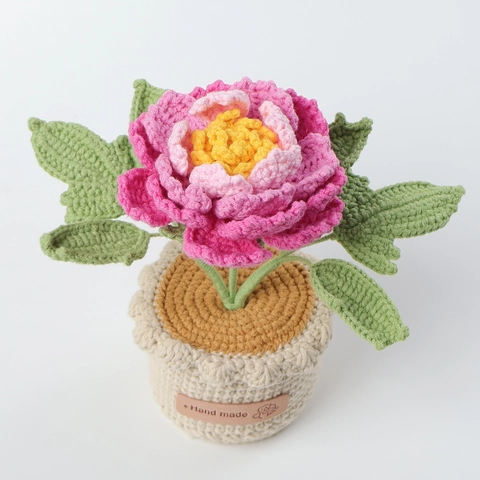 Handmade Crochet Potted Flower Peony Woolen Yarn Knitted Artificial Plant Bonsai Ornament Home Office Desk Decor