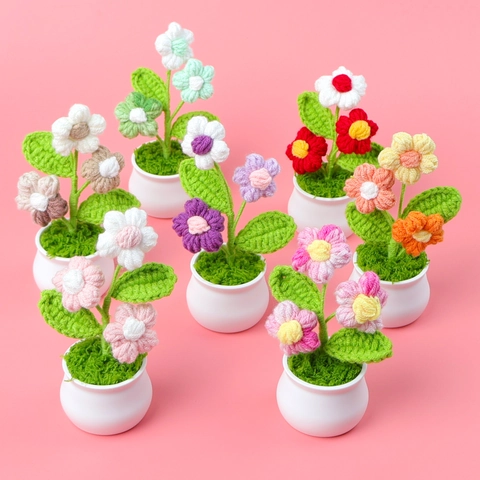 Planta en Maceta de Flor de Puff de Ganchillo Hecha a Mano Flor Artificial de Punto de Hilo Mini Adorno de Escritorio Regalo de Decoración de Coche