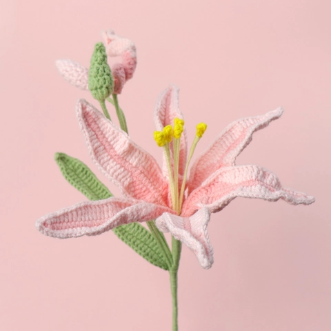 Handmade Crochet Lily Flower Artificial Daylily Branch Knitted Wool Yarn Fake Flower For Home Decor Wedding Party Gift