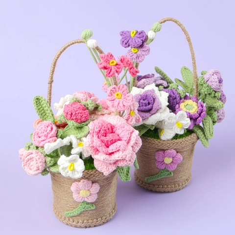 Bouquet De Fleurs Au Crochet Fait À La Main Ornement De Panier Rose Artificielle Tricoté Produit Fini Cadeau Pour La Fête Des Mères Saint Valentin Décoration De Maison