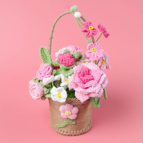 Bouquet De Fleurs Au Crochet Fait À La Main Ornement De Panier Rose Artificielle Tricoté Produit Fini Cadeau Pour La Fête Des Mères Saint Valentin Décoration De Maison