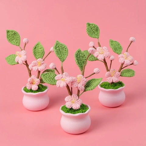Handmade Crochet Peach Blossom Artificial Potted Plant Yarn Knitted Flower Desktop Ornament Home Decor Gift