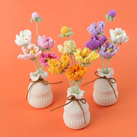 Handgemachte Gehäkelte Künstliche Blumen Topfpflanze Garn Gestrickte Florale Schreibtisch Deko Geschenk Bunt