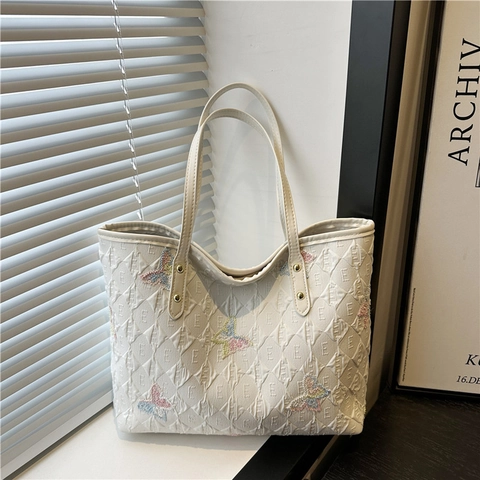 Borsa Tote da Donna con Ricamo a Farfalla in Pelle PU Trapuntata Grande Capacità Borsa a Tracolla Casual per Uso Quotidiano