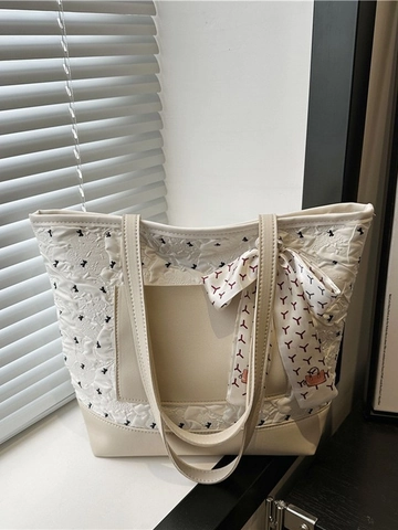 Große Kapazität Tote Bag Damen Mit Dekorativer Schleife Seidenschal Schmetterlingsmuster PU Leder Stoff Alltag Pendeltasche