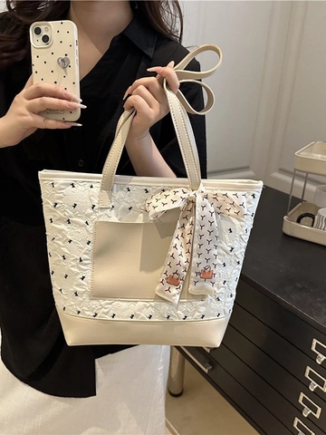 Große Kapazität Tote Bag Damen Mit Dekorativer Schleife Seidenschal Schmetterlingsmuster PU Leder Stoff Alltag Pendeltasche